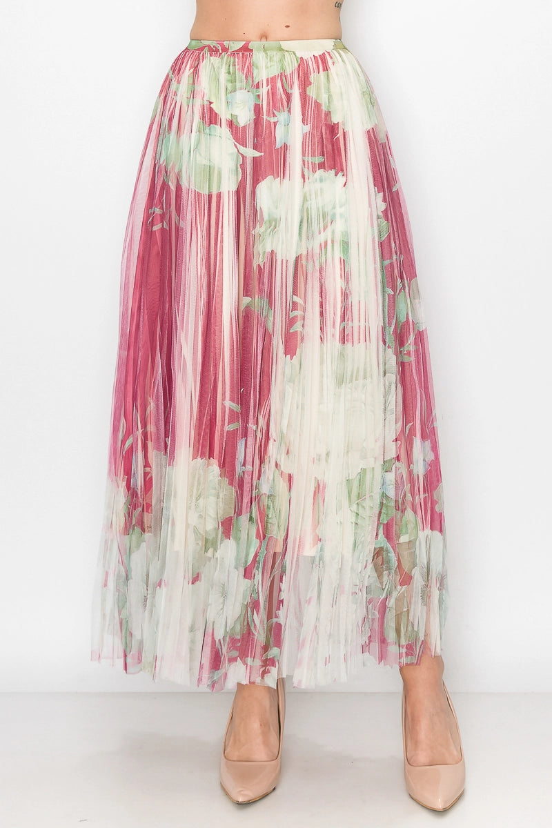ORIGAMI Chic Lined Pleated Tulle Midi Skirt with Elastic Waist Wine Floral