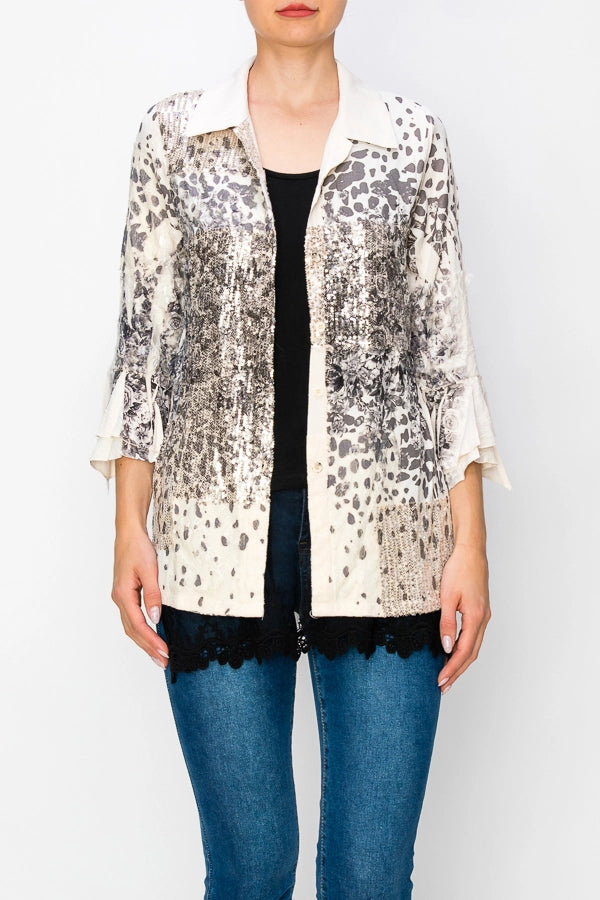 ORIGAMI Lightweight Sequin and Lace Detailed Button-Up Blouse
