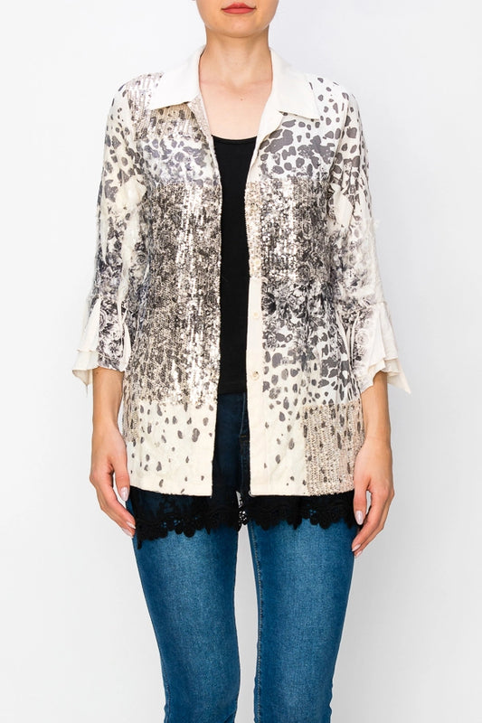 ORIGAMI Lightweight Sequin and Lace Detailed Button-Up Blouse