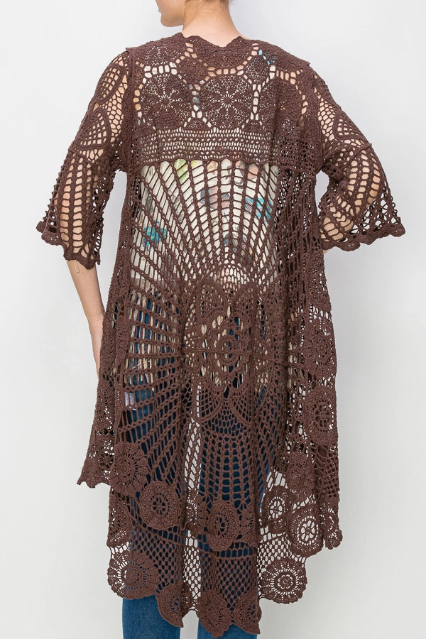 ORIGAMI Brown High Low Crochet Cardigan