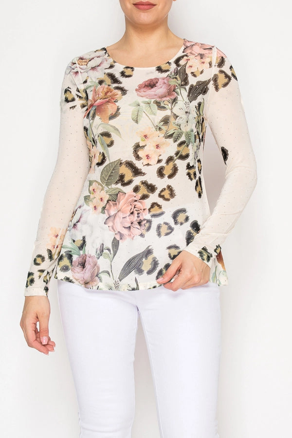 ORIGAMI Sparkly Long Sleeve Sheer Mesh Top Leopard Flower