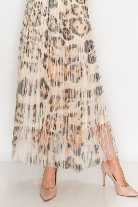 ORIGAMI Chic Lined Pleated Tulle Midi Skirt with Elastic Waist Leopard