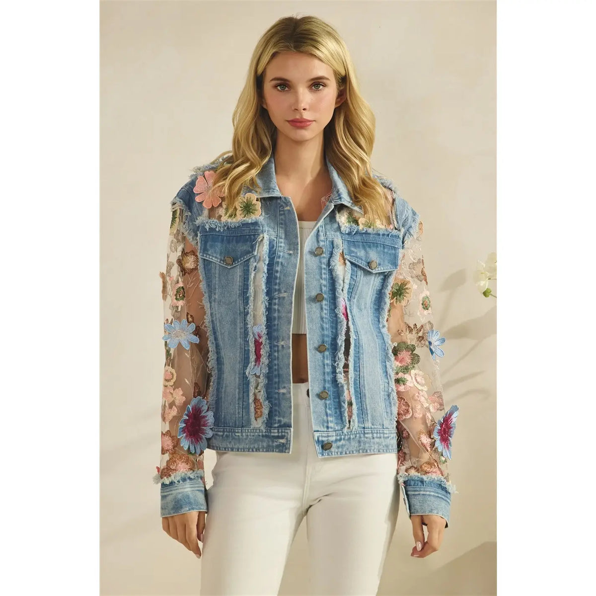VEVERET Denim Jacket with Floral Inset