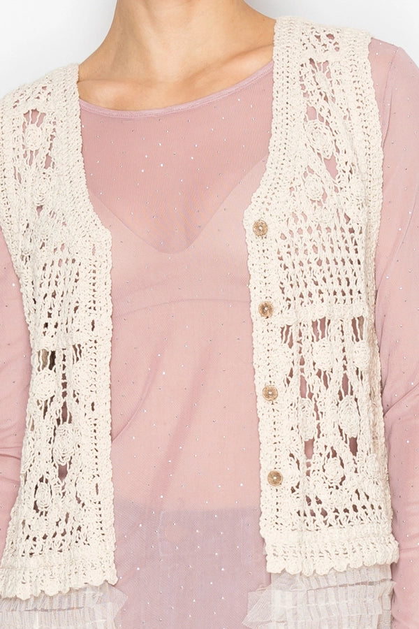 ORIGAMI Natural Crochet Vest with Mesh Layer