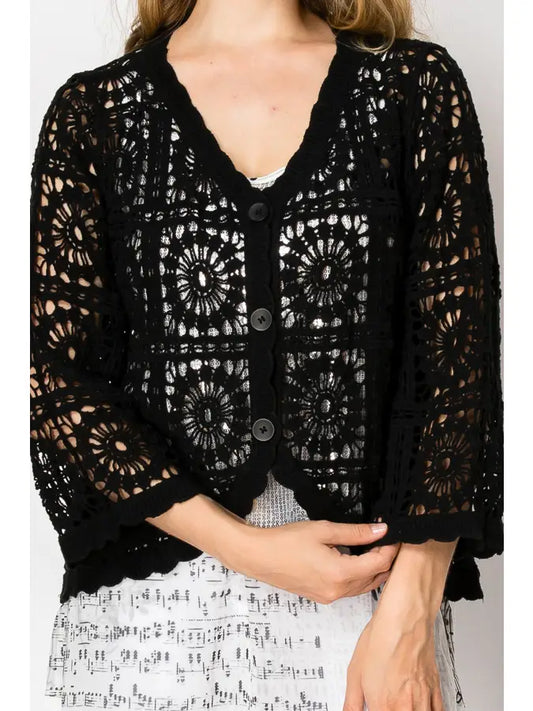 ORIGAMI Black Short Crochet Cardigan