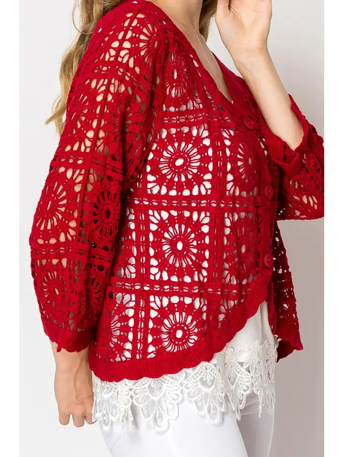 ORIGAMI Red Short Crochet Cardigan