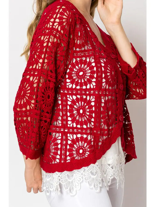 ORIGAMI Red Short Crochet Cardigan
