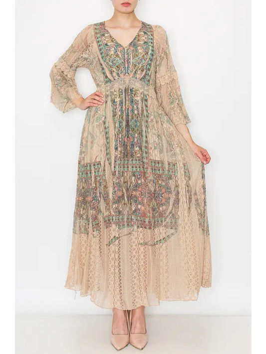 ORIGAMI Romantic Lace Bell-Sleeved A-Line Midi Dress