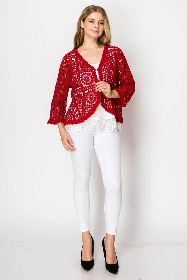 ORIGAMI Red Short Crochet Cardigan