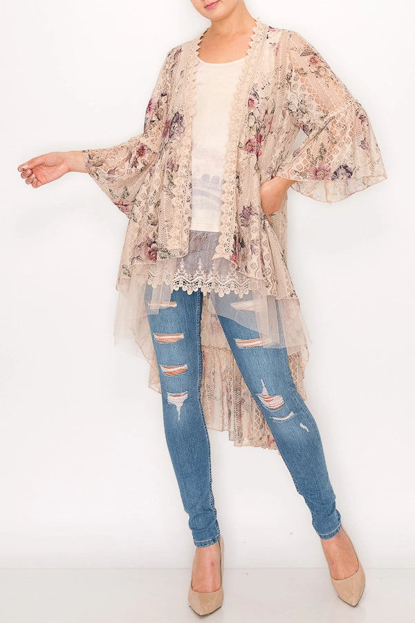 ORIGAMI Taupe Fl High-Low Cardigan