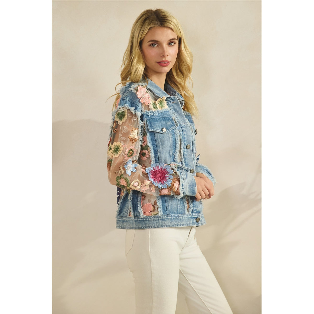 VEVERET Denim Jacket with Floral Inset