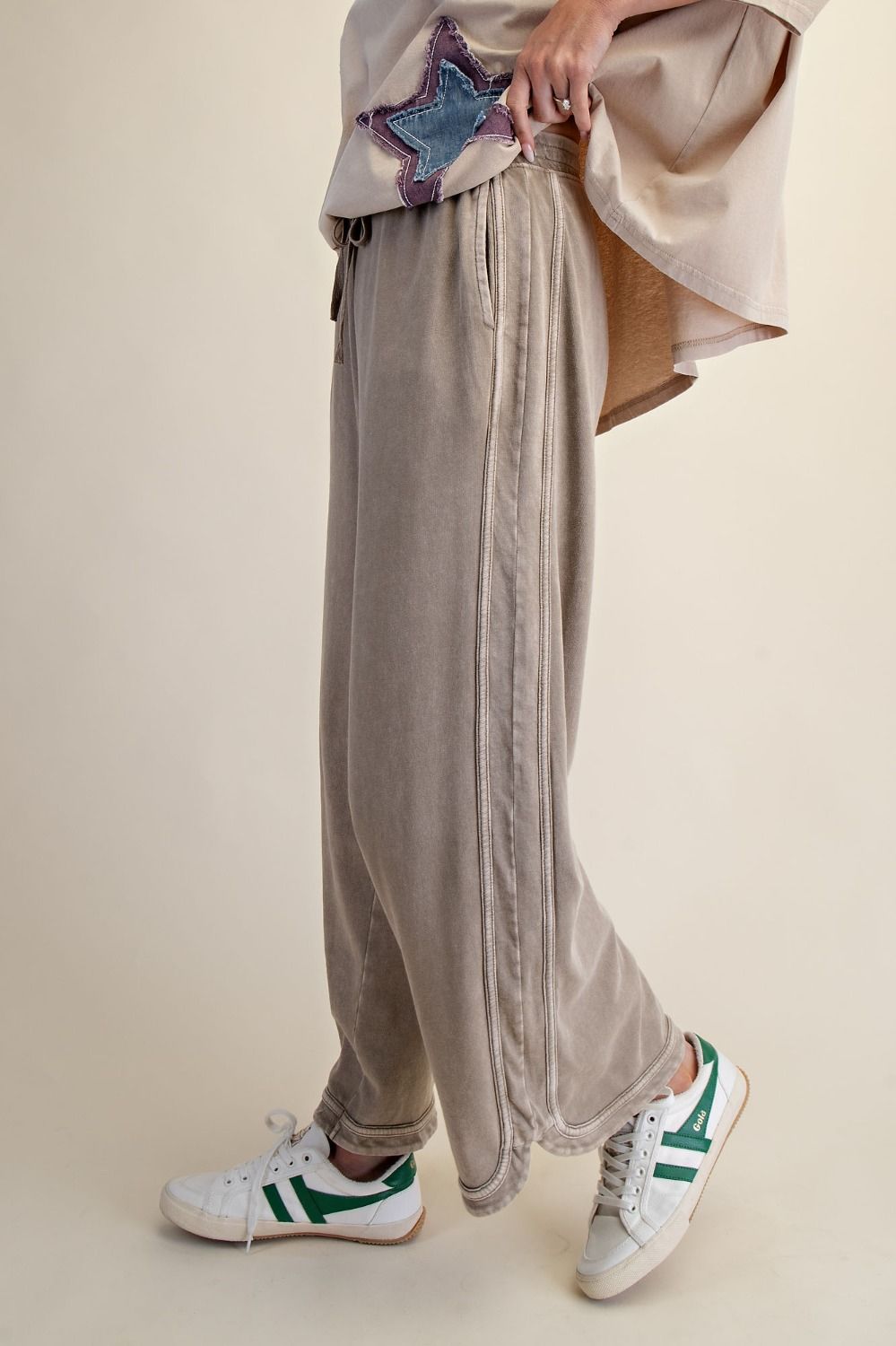 EASEL Mocha Mineral Washed Terry Knit Pants