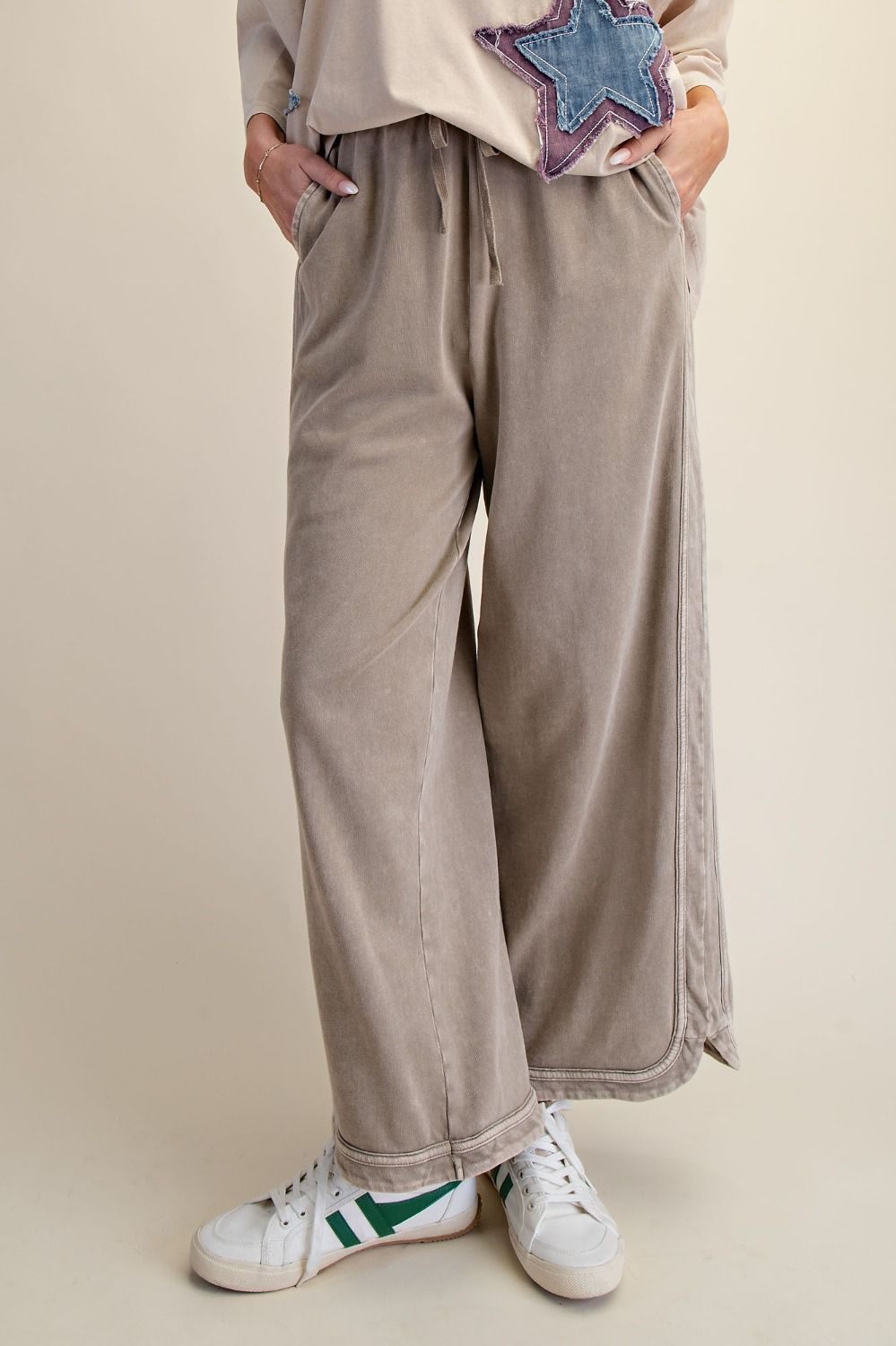 EASEL Mocha Mineral Washed Terry Knit Pants