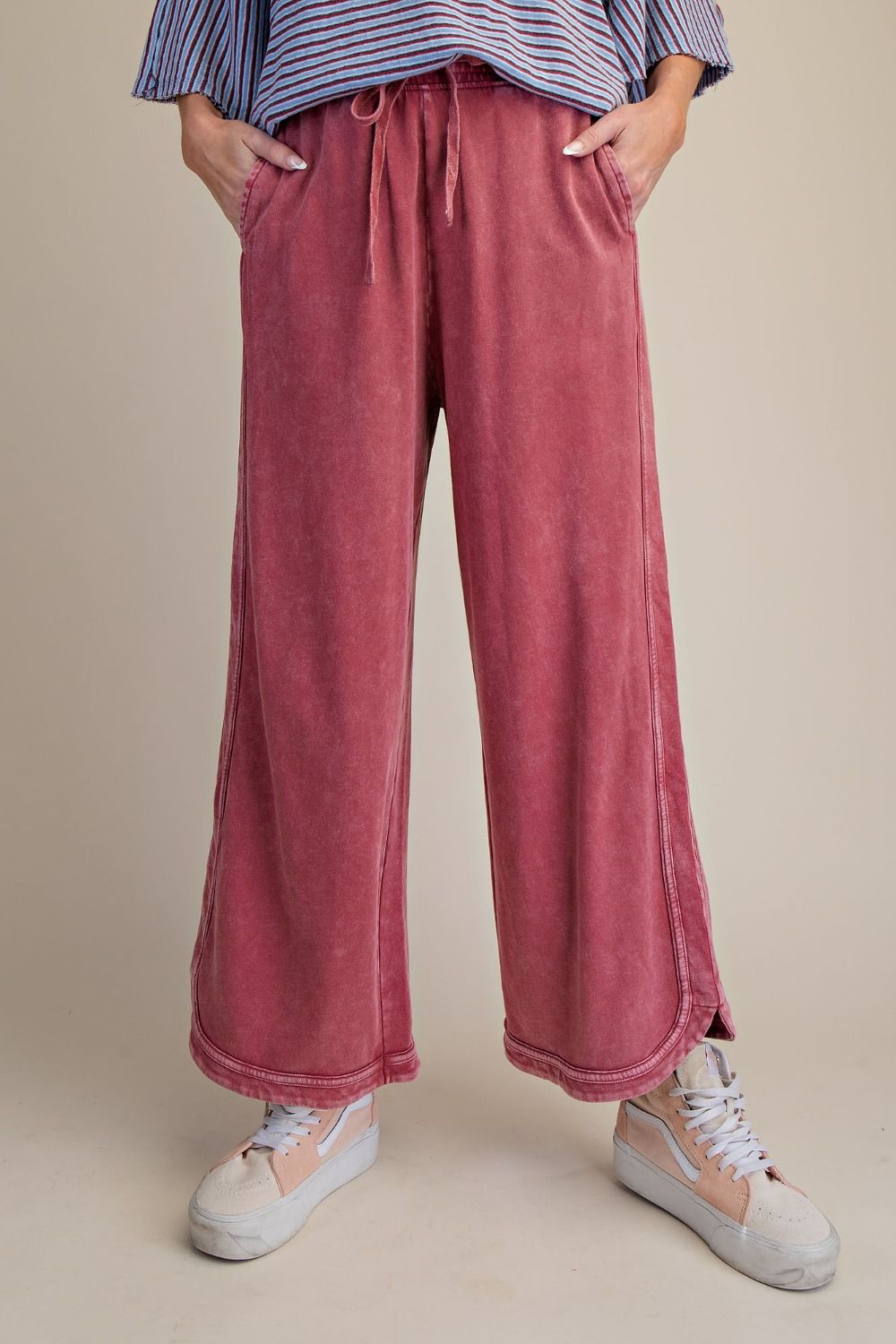 EASEL Wine Mineral Washed Terry Knit Pants