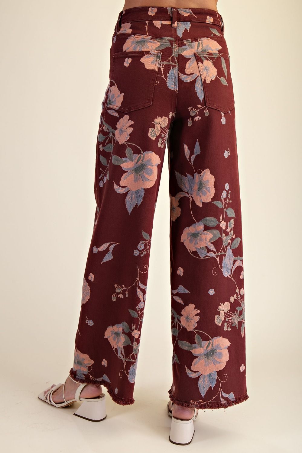 EASEL Floral Printed Soft Stretch Pants Burgundy