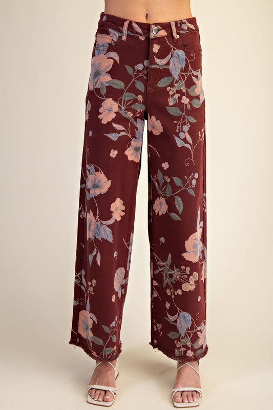 EASEL Floral Printed Soft Stretch Pants Burgundy