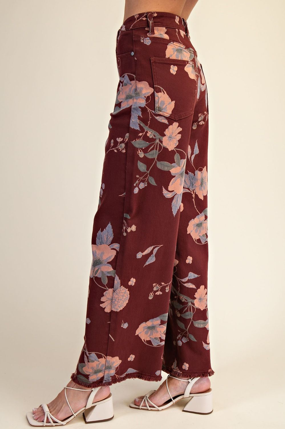 EASEL Floral Printed Soft Stretch Pants Burgundy