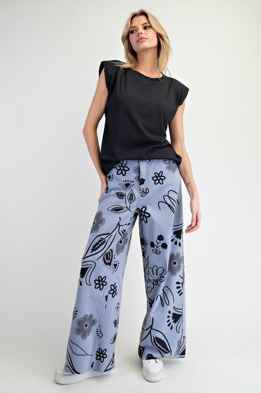 EASEL Floral Printed Pants Blue-Grey