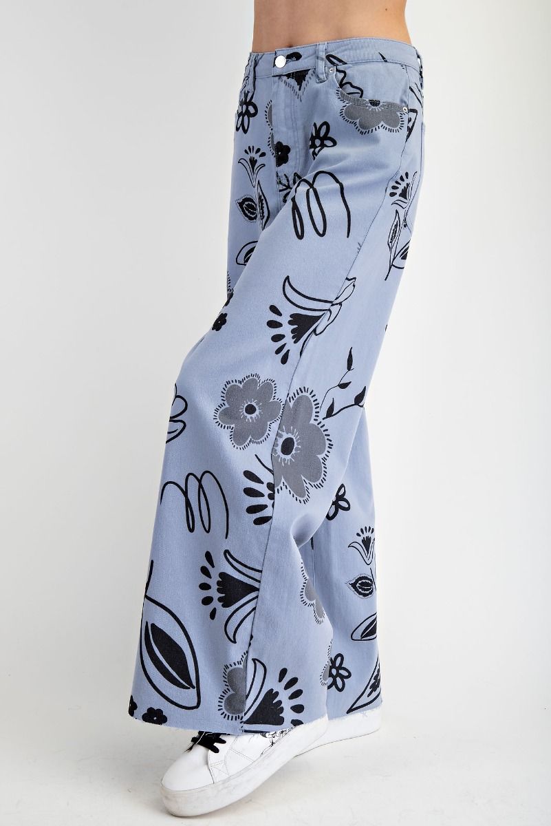 EASEL Floral Printed Pants Blue-Grey