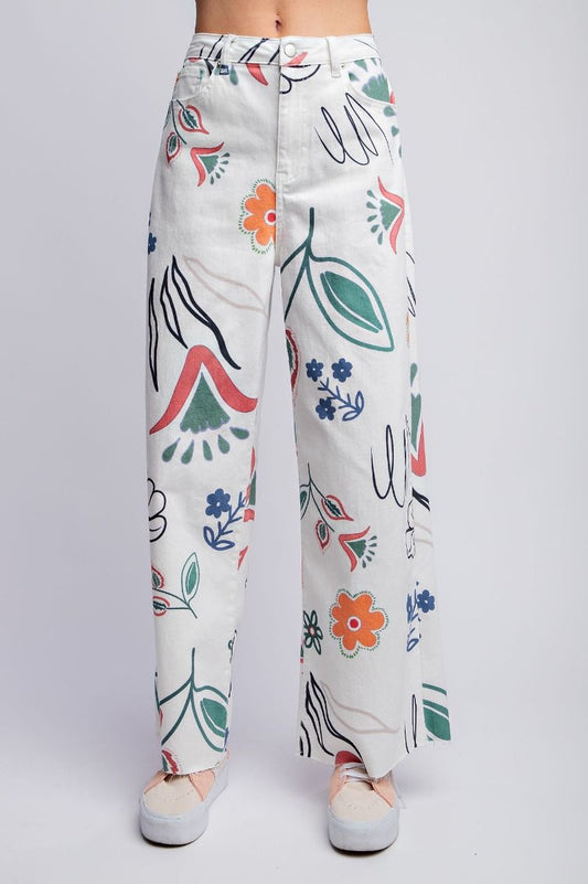 EASEL Floral Printed Pants White