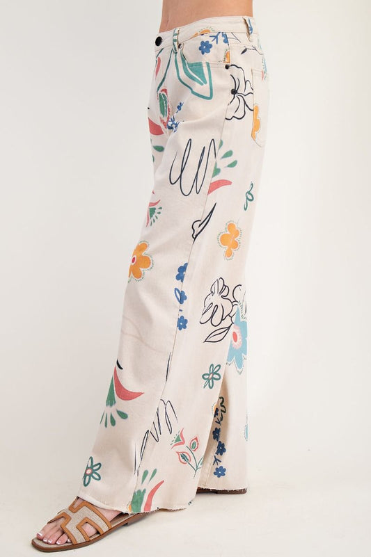 EASEL Floral Printed Pants Natural