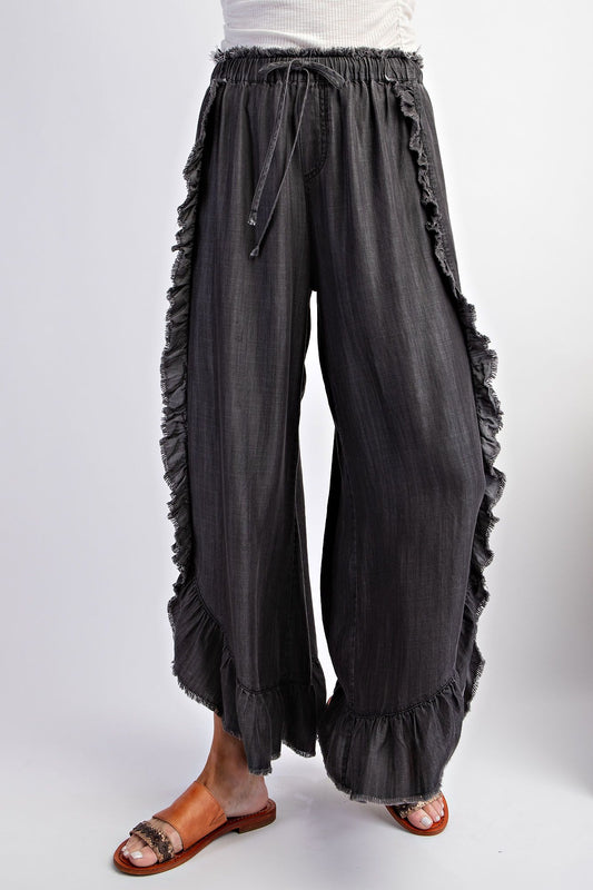 EASEL Washed Ruffle Loose Fit Pants Black