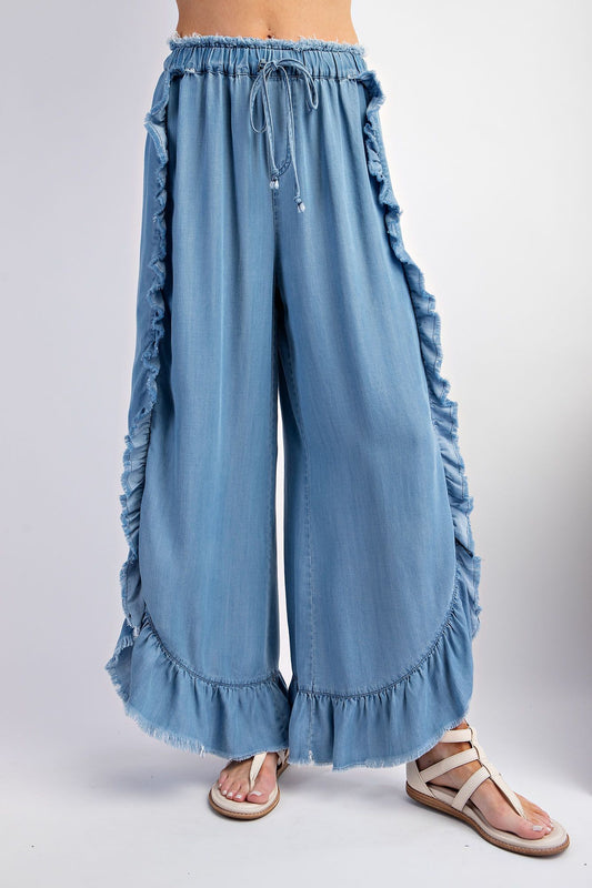 EASEL Ruffle Chambray Pants Light Denim