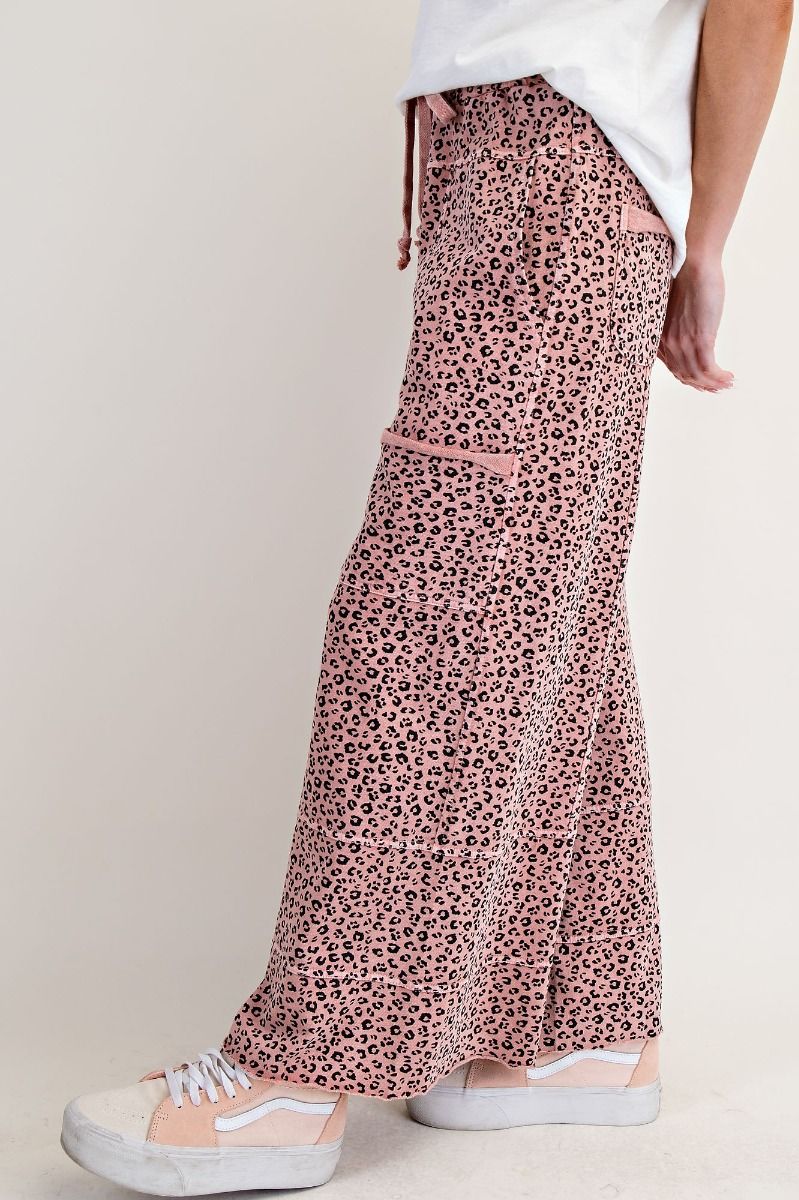 EASEL Animal Print Mineral Washed Terry Knit Lounge Cargos Antique Rose