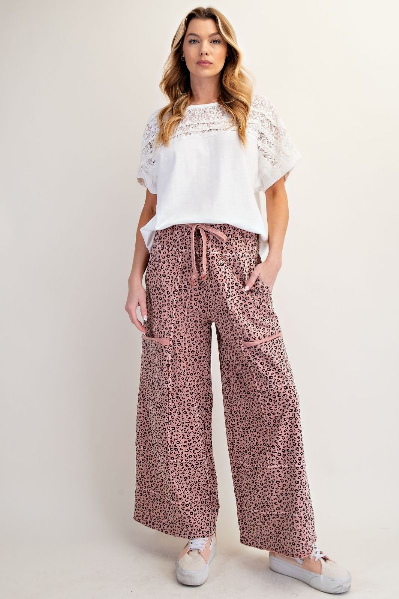 EASEL Animal Print Mineral Washed Terry Knit Lounge Cargos Antique Rose