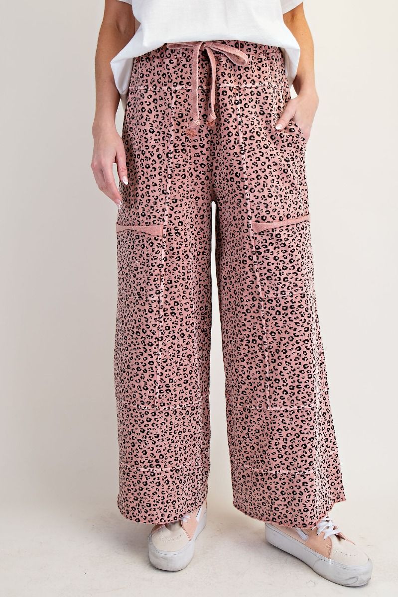 EASEL Animal Print Mineral Washed Terry Knit Lounge Cargos Antique Rose