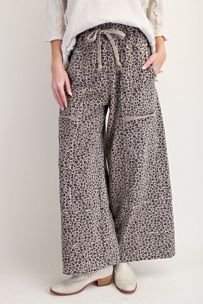 EASEL ANIMAL PRINT MINERAL WASHED TERRY KNIT LOUNGE PANTS Ash Mocha Plus Pretty