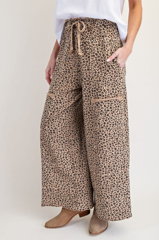 EASEL Animal Print Mineral Washed Terry Knit Lounge Cargos Camel