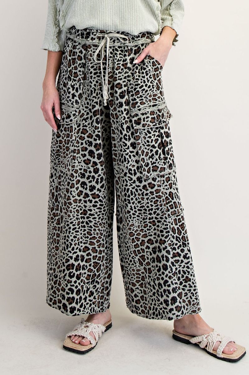 EASEL ANIMAL PRINTED TERRY KNIT MINERAL WASHED CARGO PANTS SAGE GREY