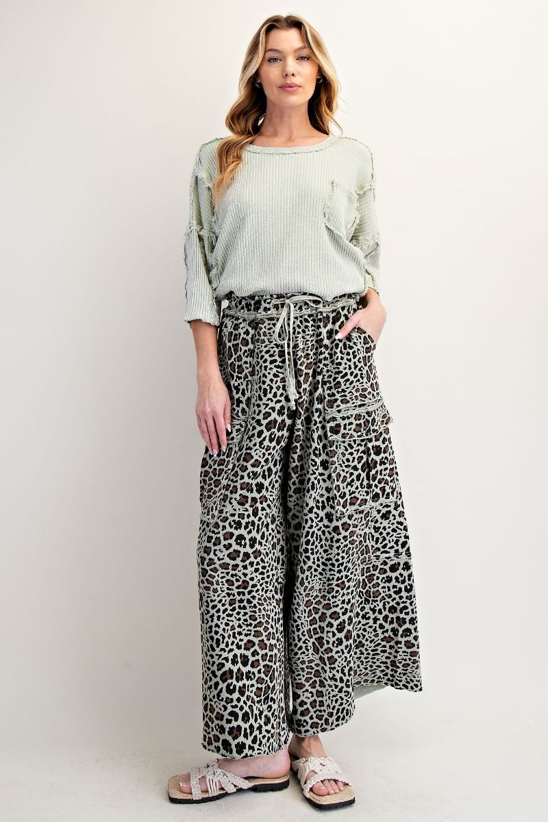 EASEL ANIMAL PRINTED TERRY KNIT MINERAL WASHED CARGO PANTS SAGE GREY