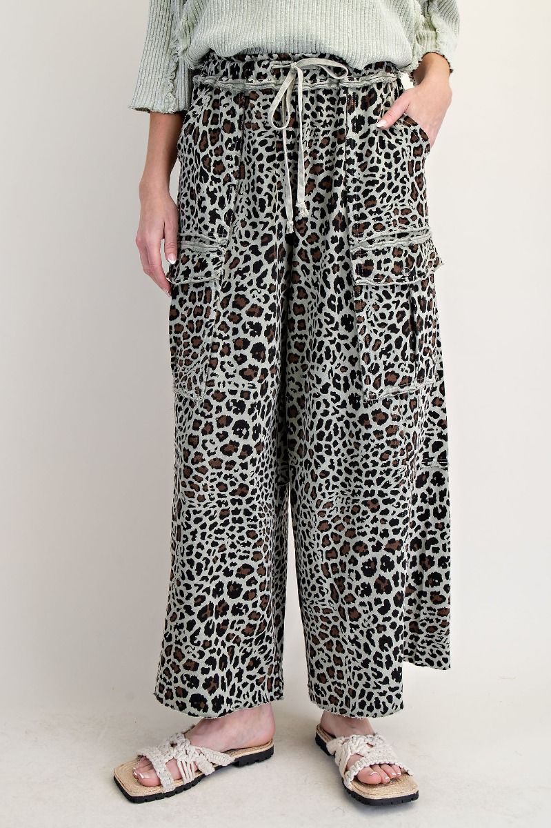 EASEL ANIMAL PRINTED TERRY KNIT MINERAL WASHED CARGO PANTS SAGE GREY