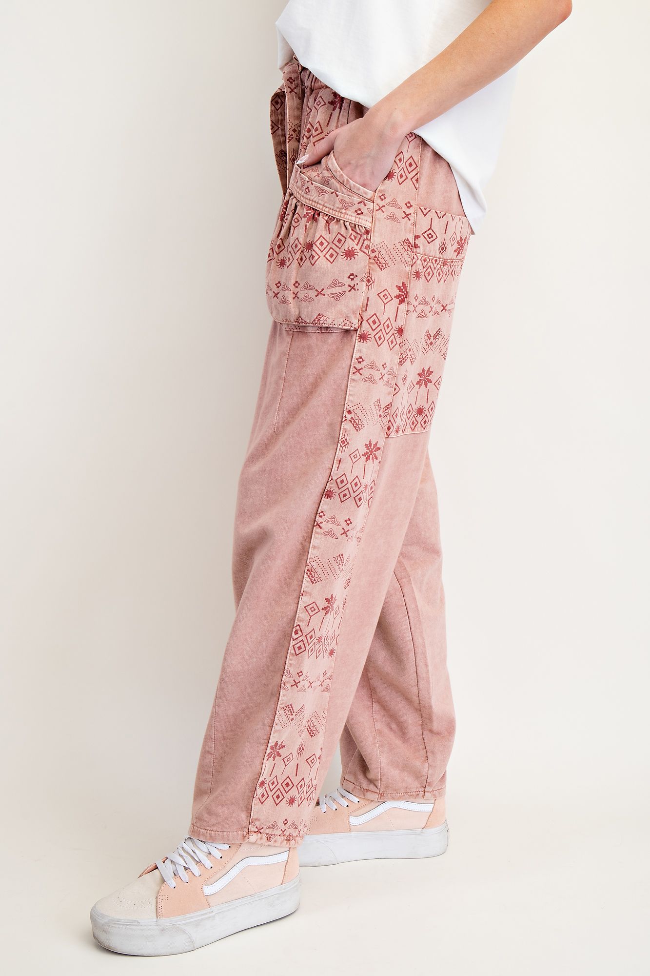 EASEL Ethnic Print Mix Mineral Washed Twill Barrel Pants Dried Rose