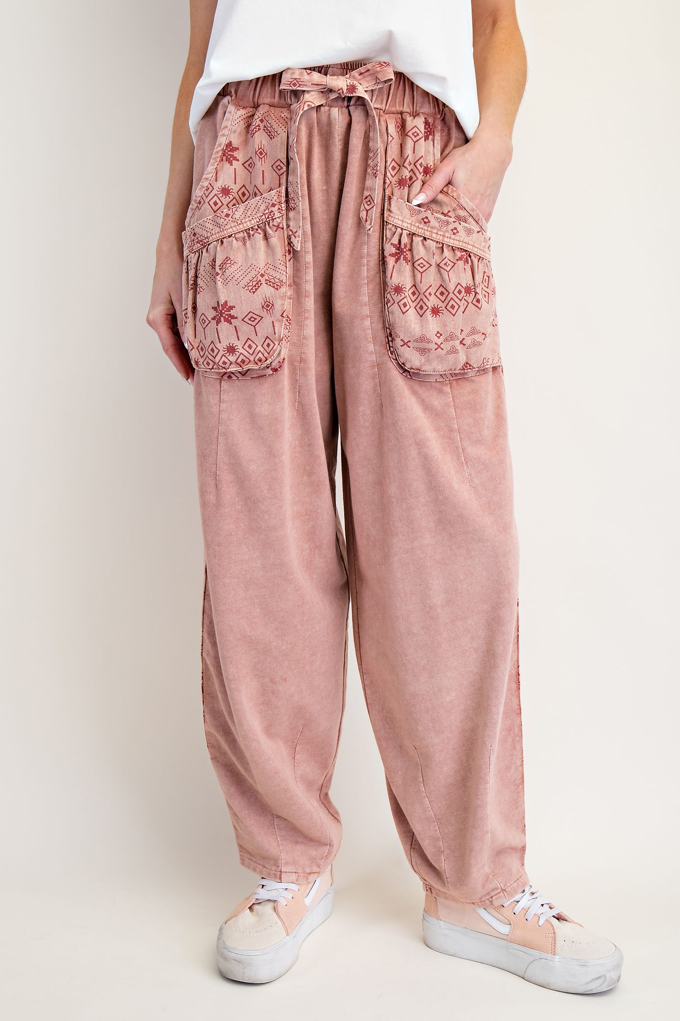 EASEL Ethnic Print Mix Mineral Washed Twill Barrel Pants Dried Rose