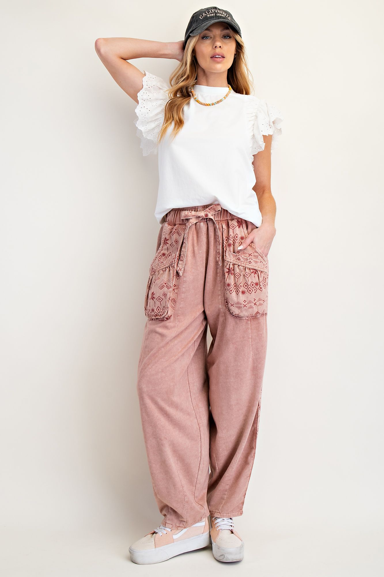 EASEL Ethnic Print Mix Mineral Washed Twill Barrel Pants Dried Rose