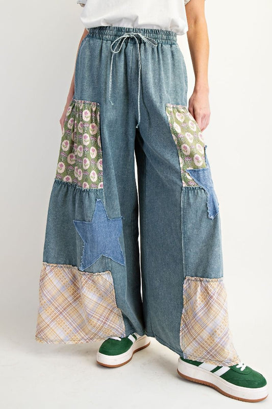 EASEL Patchwork Palazzo Pants Washed Denim