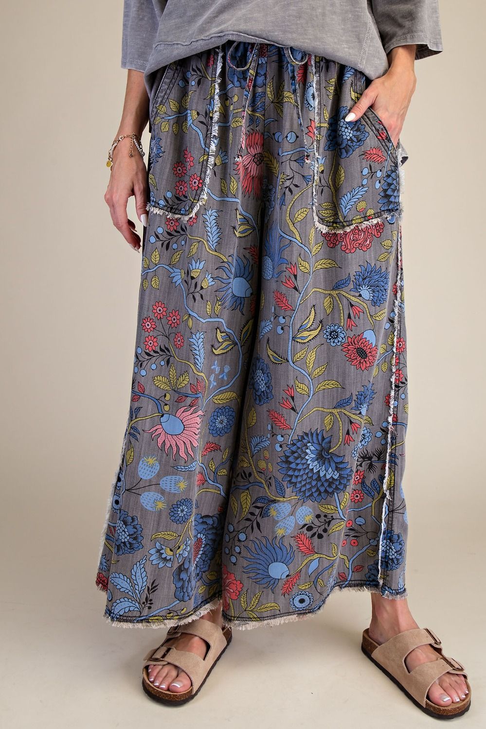 Easel Black Denim Floral Chambray Pant