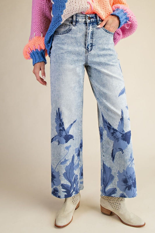 EASEL Bird Floral Print Stretch Washed Denim Pants