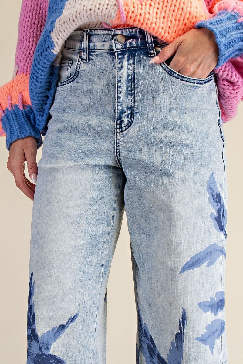 EASEL Bird Floral Print Stretch Washed Denim Pants
