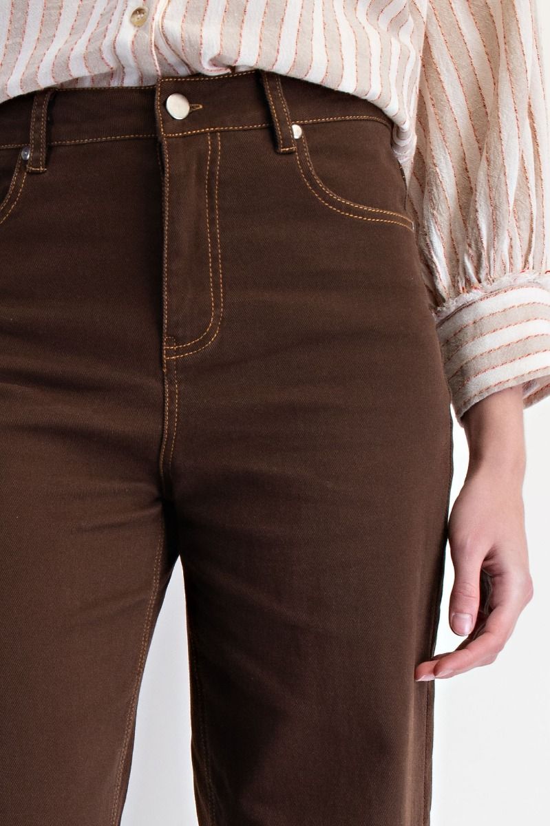 EASEL Self Fray Bottom Washed Stretch Pants Coffee