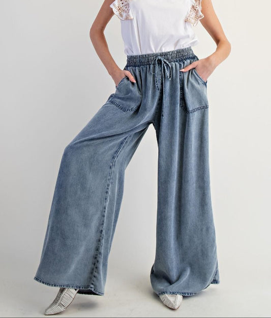 EASEL Chambray Palazzo Pants Washed Denim