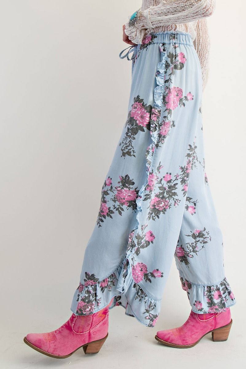 EASEL Floral Printed Loose Fit Ruffle Pants Lt Denim