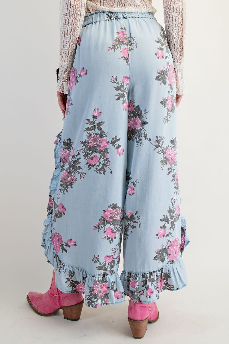 EASEL Floral Printed Loose Fit Ruffle Pants Lt Denim