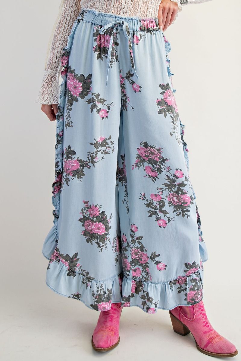 EASEL Floral Printed Loose Fit Ruffle Pants Lt Denim