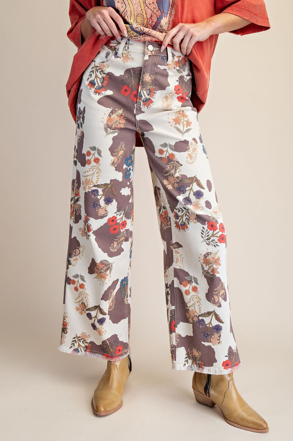EASEL Mocha Floral Print Pants