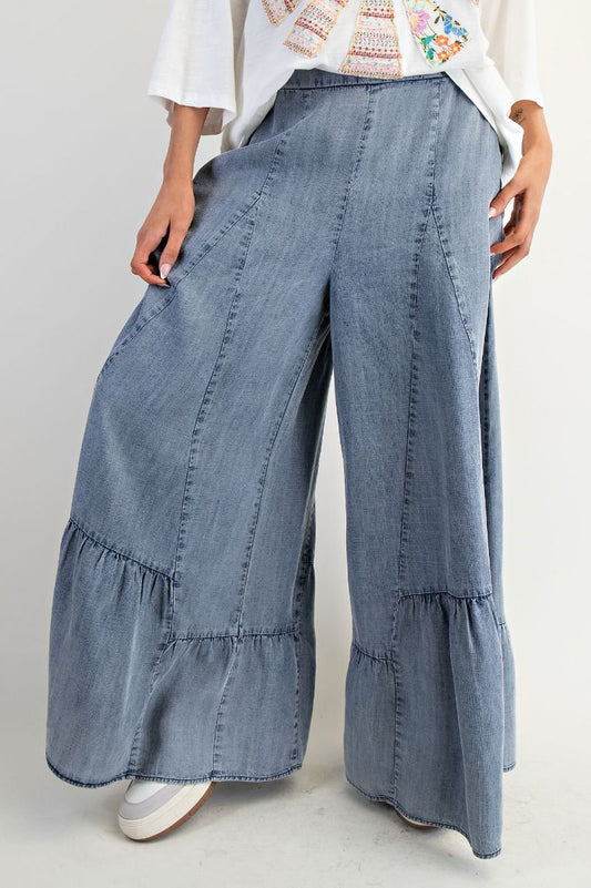 EASEL Ruffle Bottom Hem Palazzo Pants Washed Denim
