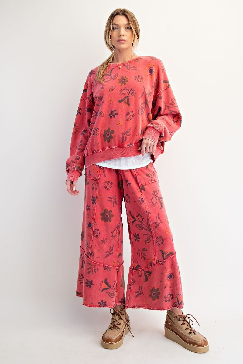 EASEL Floral Printed Washed Terry Pants Boho Red